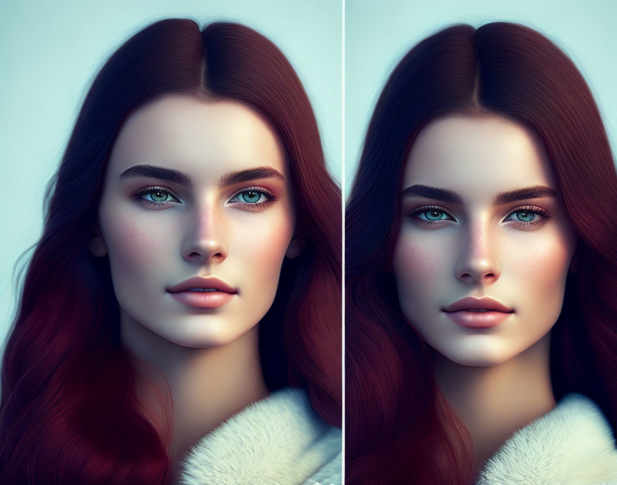 Female digital art with blue and green eyes on gradient background