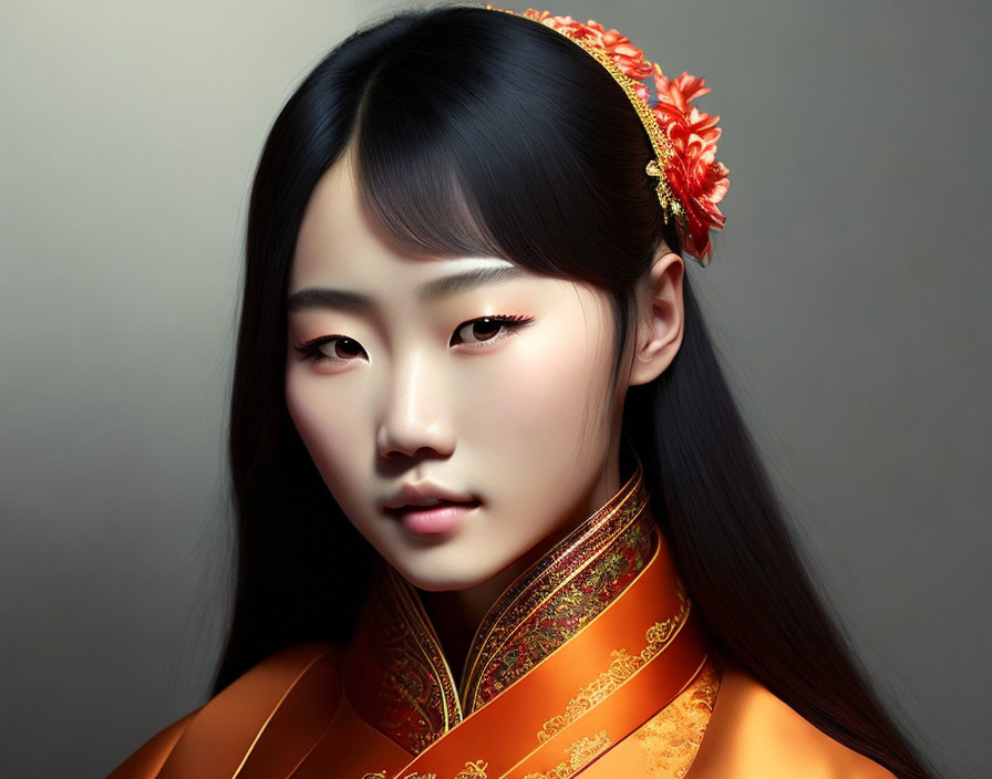 Portrait of Woman in Orange Traditional Attire with Black Hair