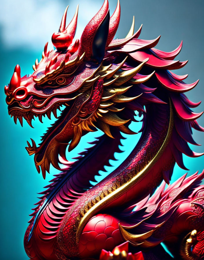 Detailed Red and Gold Dragon Illustration on Teal Background