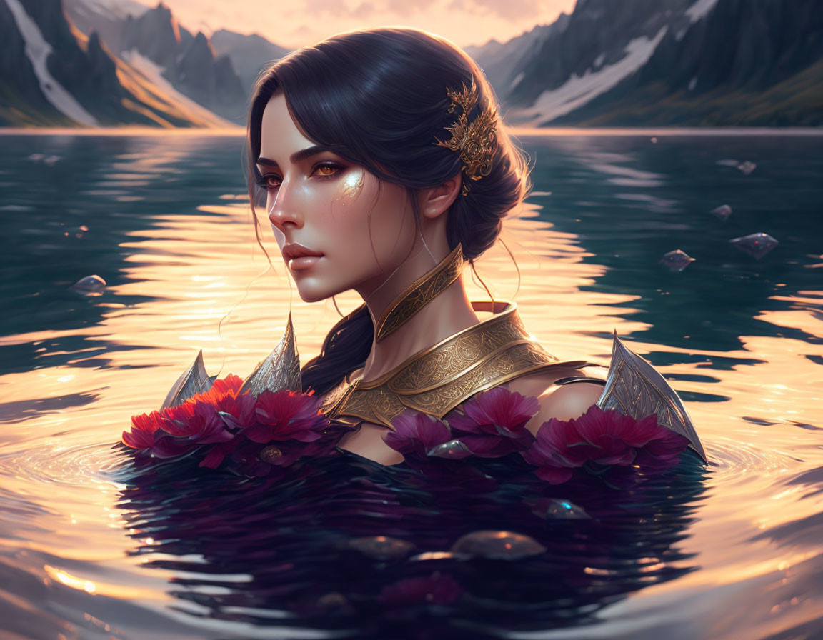 Digital artwork: Woman in golden armor in water with red flowers & mountains