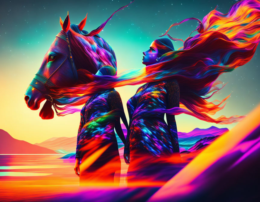 Digital artwork: Woman with fiery hair merged with a horse in neon-lit mountain landscape