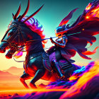 Digital artwork: Woman with fiery hair merged with a horse in neon-lit mountain landscape