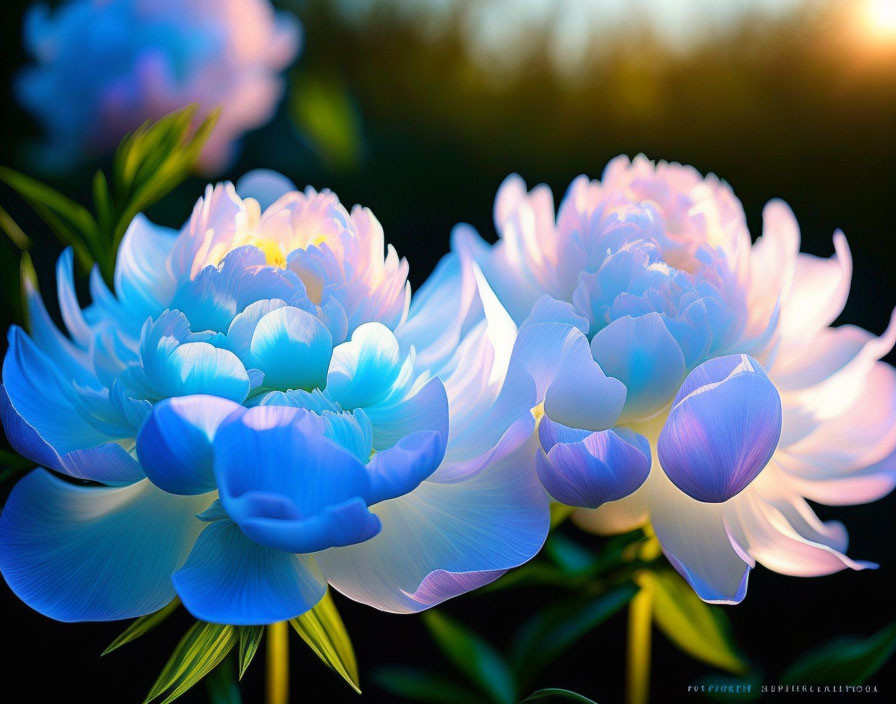 Blue and White Peonies in Soft Sunlight on Dark Background