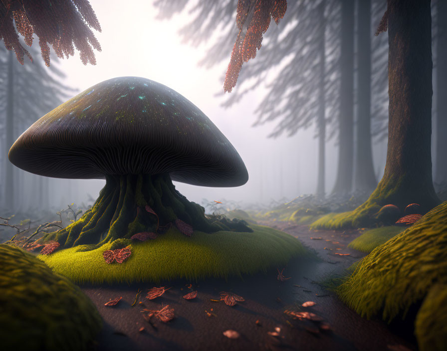 Detailed Bioluminescent Mushroom in Mossy Forest Landscape