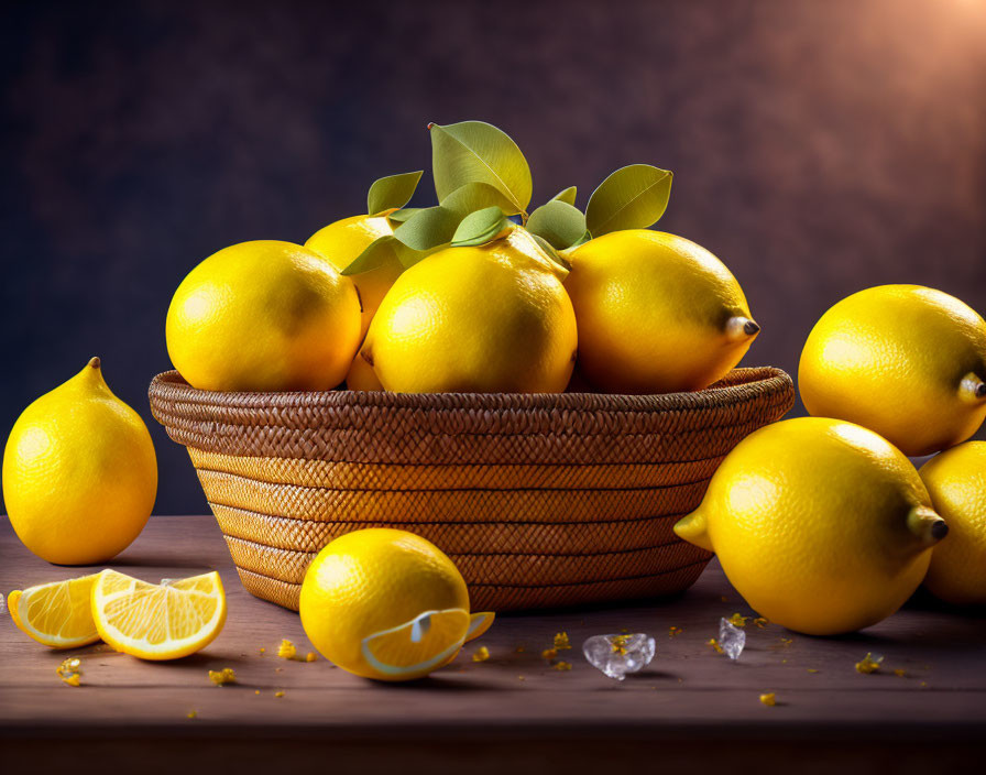 Ripe lemons in wicker basket on wooden table with misty background