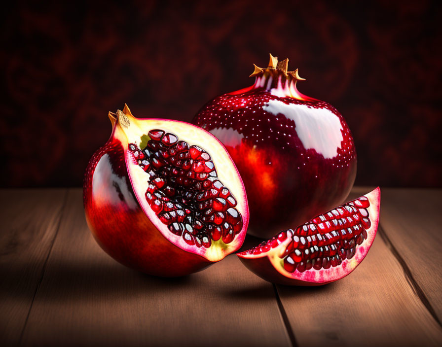 Fresh whole and split pomegranates on wooden surface with dark background