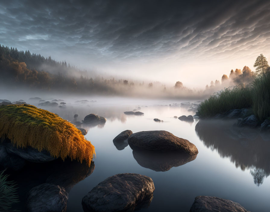 Tranquil river at dawn with misty sky, stones, and foggy trees