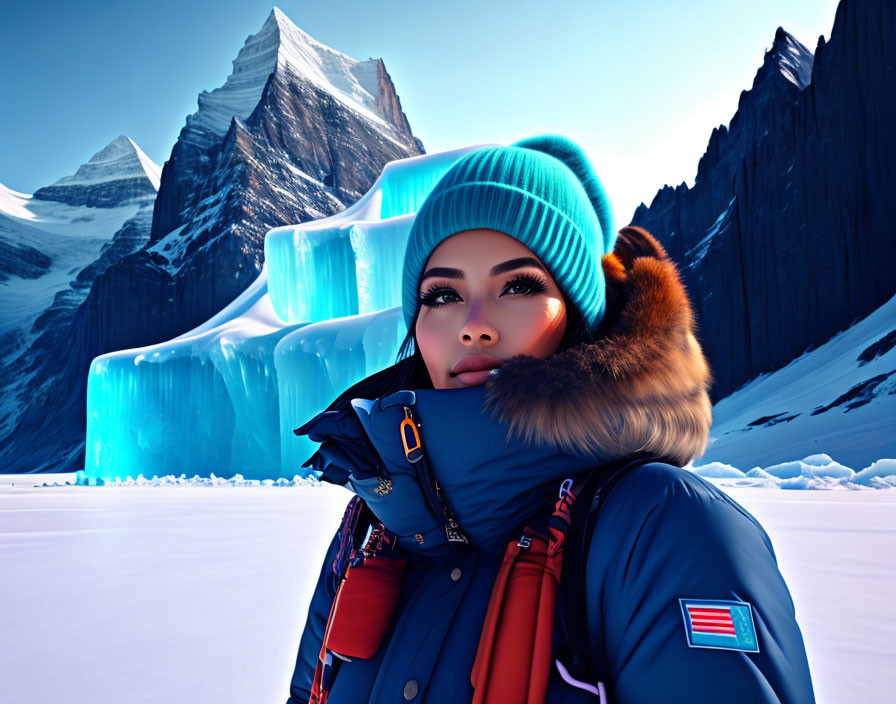 Person in Winter Gear with Fur-Trimmed Hood and Teal Beanie in Icy Mountain Terrain