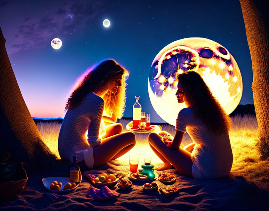 Night beach scene: Two people at table with glowing orb, picnic setup, starry sky