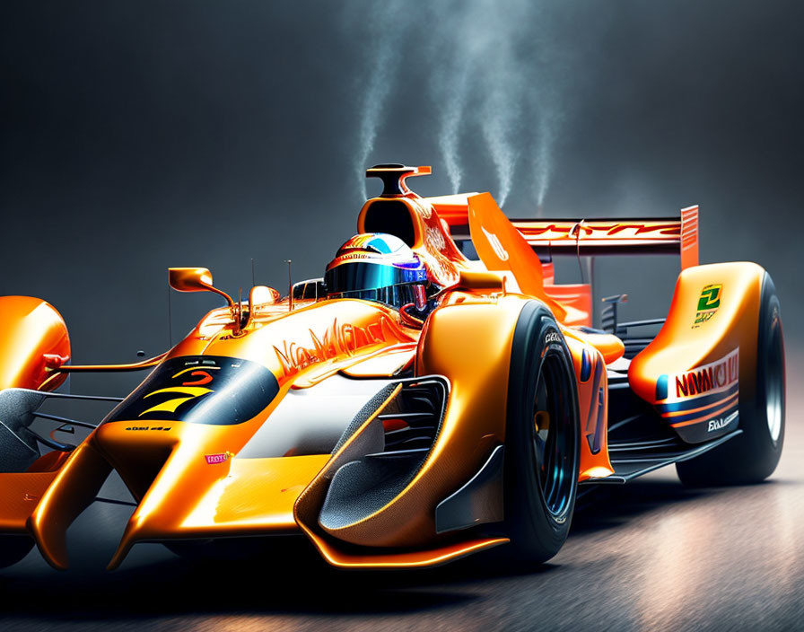 Sleek Orange and Black Racing Car with Sponsorship Decals and Rear Wing