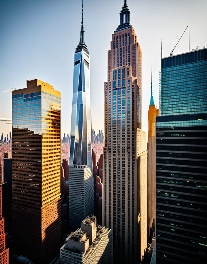 Cityscape at Sunset with Golden Hues and Skyscrapers