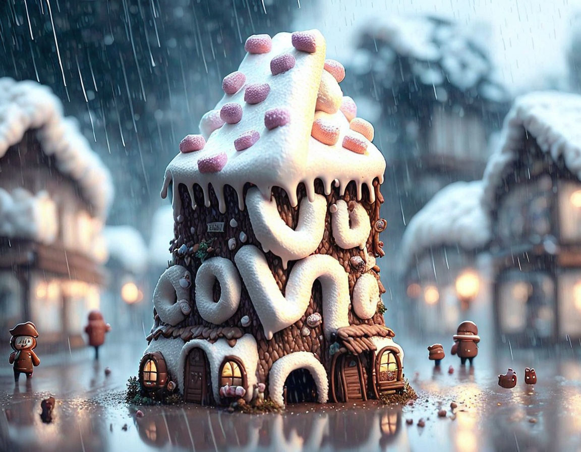 Gingerbread house in snowy scene with gingerbread people and warm glow