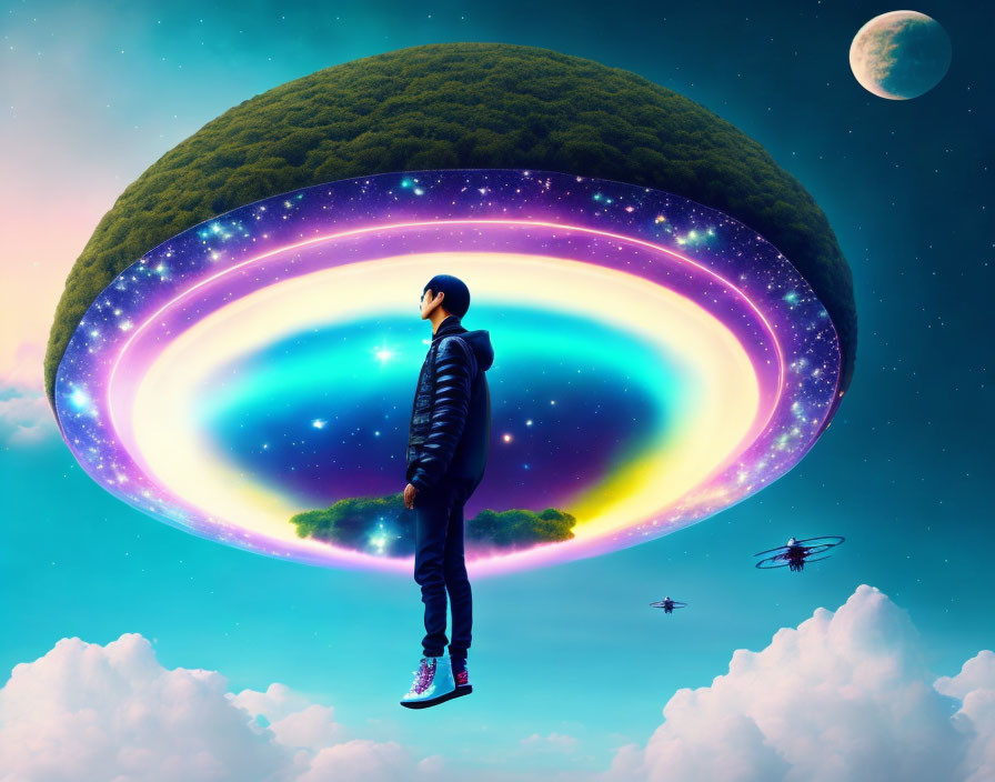Surreal floating island with cosmic ring, stars, moon, and drone under twilight sky