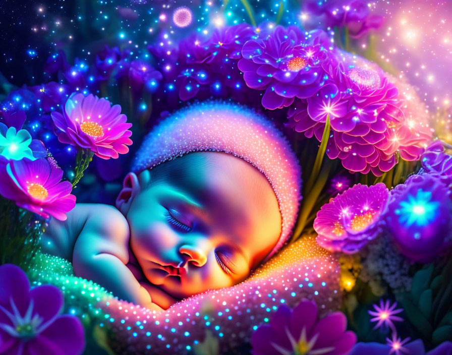 Peaceful infant sleeping among vibrant flowers and colorful lights