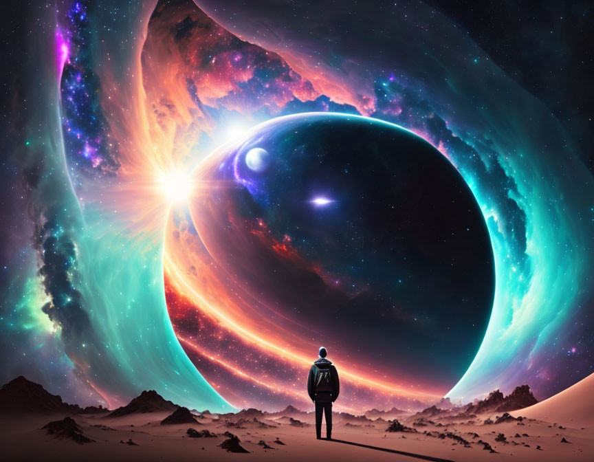 Person admiring massive planet and colorful nebulas on sandy surface