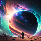 Person admiring massive planet and colorful nebulas on sandy surface