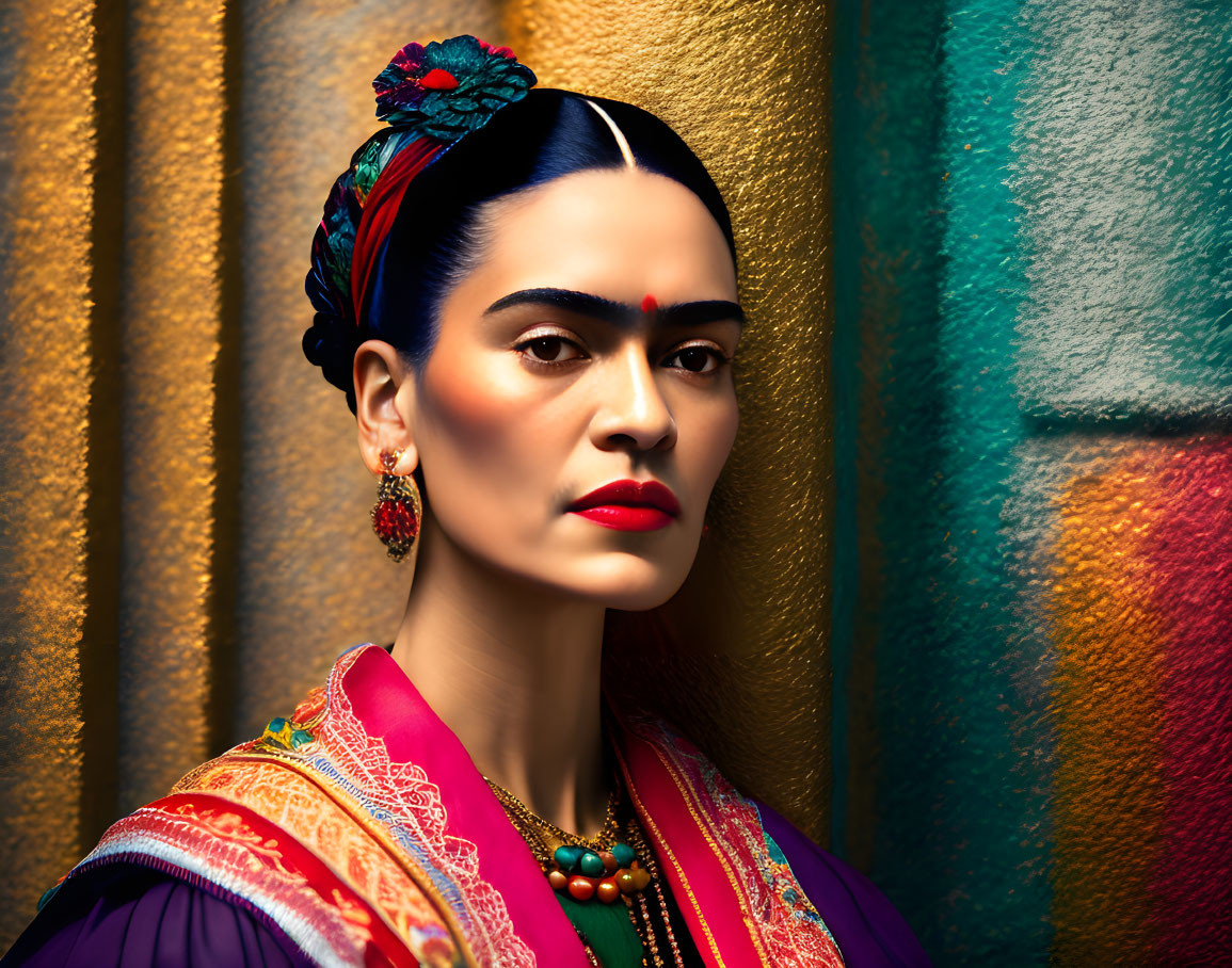 Colorful portrait of woman with stern expression and floral headpiece on vibrant background