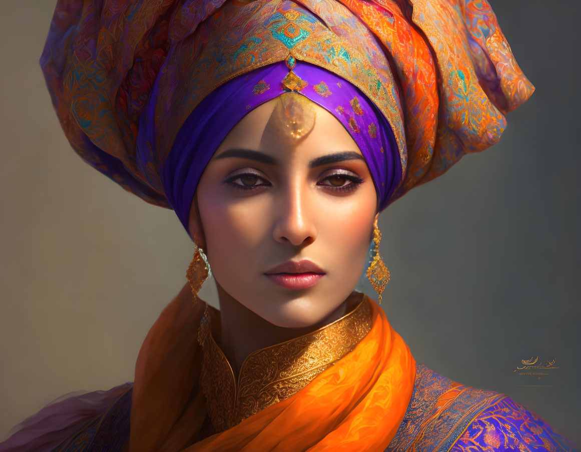 Woman with Striking Makeup in Purple Turban and Orange Scarf