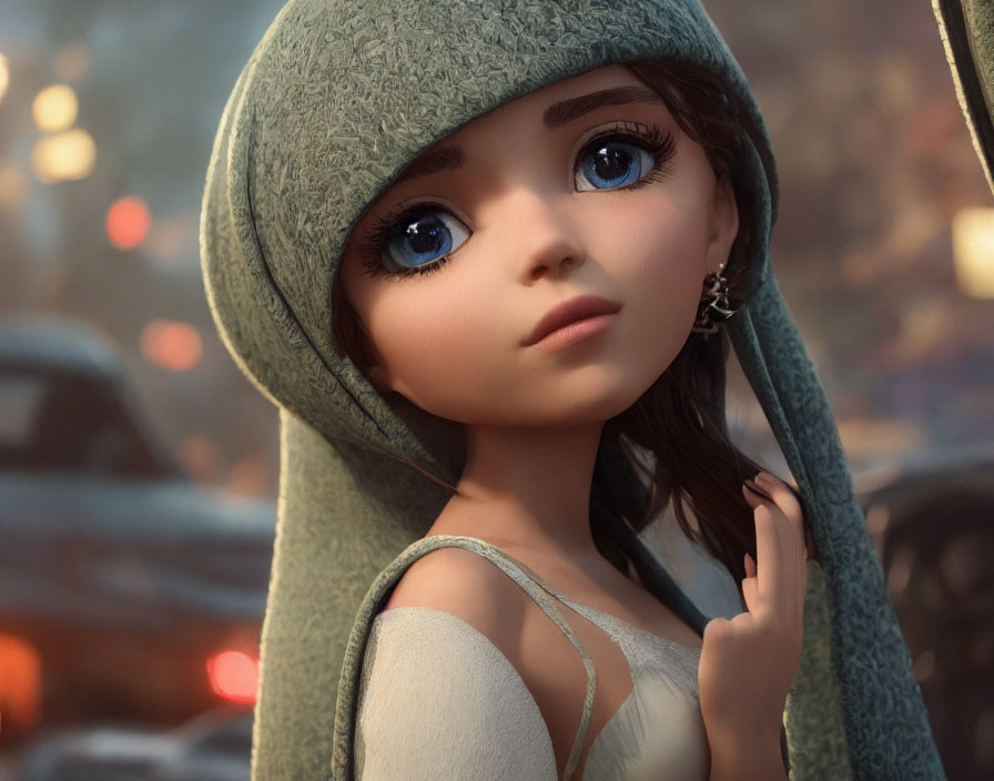 Detailed 3D-animated girl with large expressive eyes and green hood, set against soft-focused evening