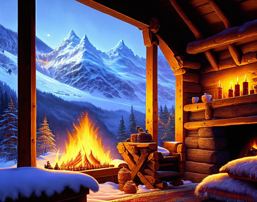 Snowy mountain landscape viewed from cozy log cabin interior