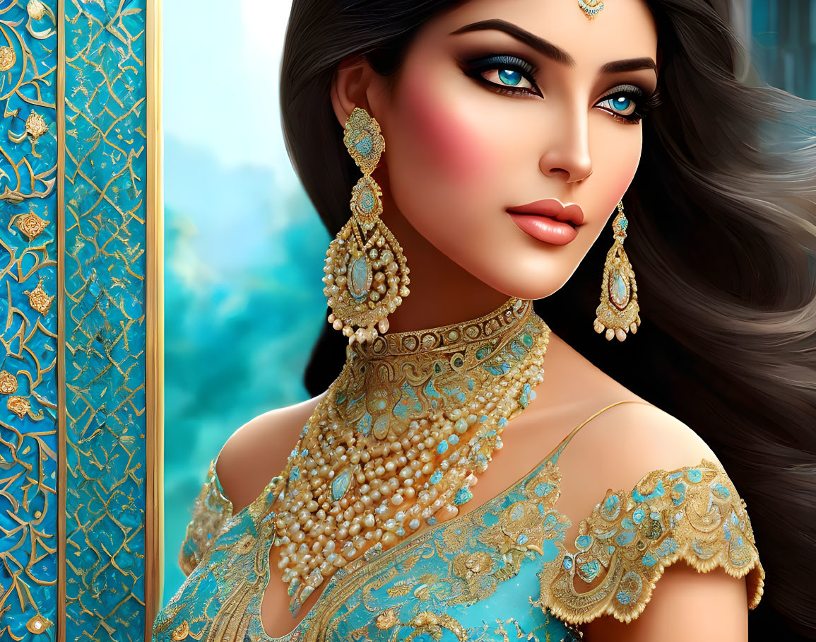 Illustrated woman with blue eyes and dark hair in traditional blue and gold attire.