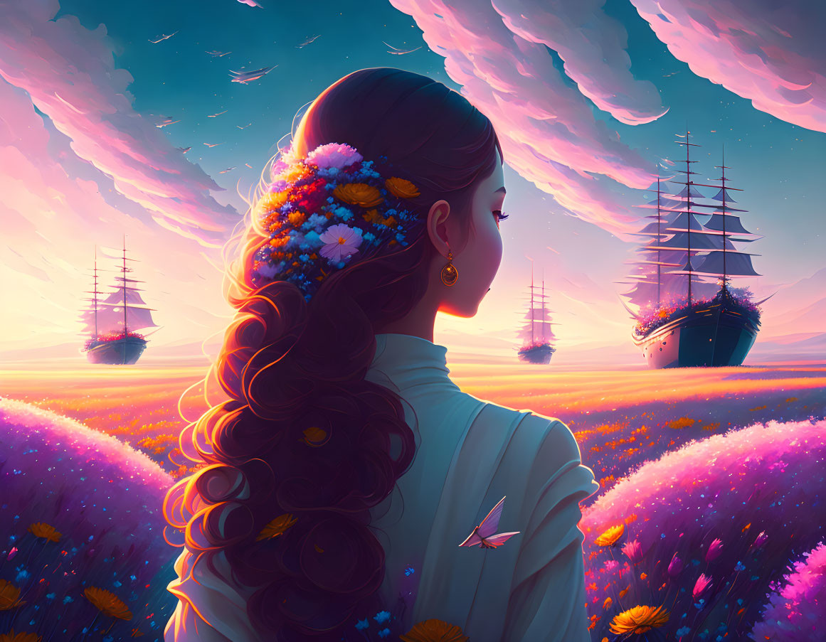 Woman admires surreal seascape with floating ships above purple flowers under pastel sky