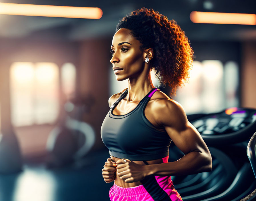 Curly-haired woman running on treadmill in gym wearing black tank top and pink shorts