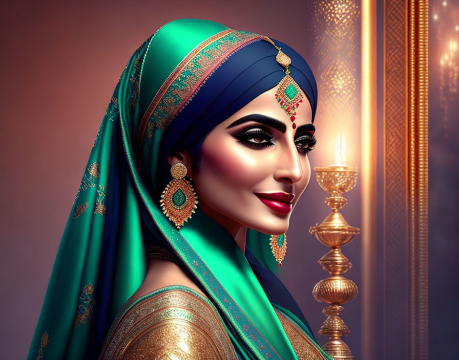 Digital illustration: Woman in Indian attire with green saree and gold jewelry next to lit lamps