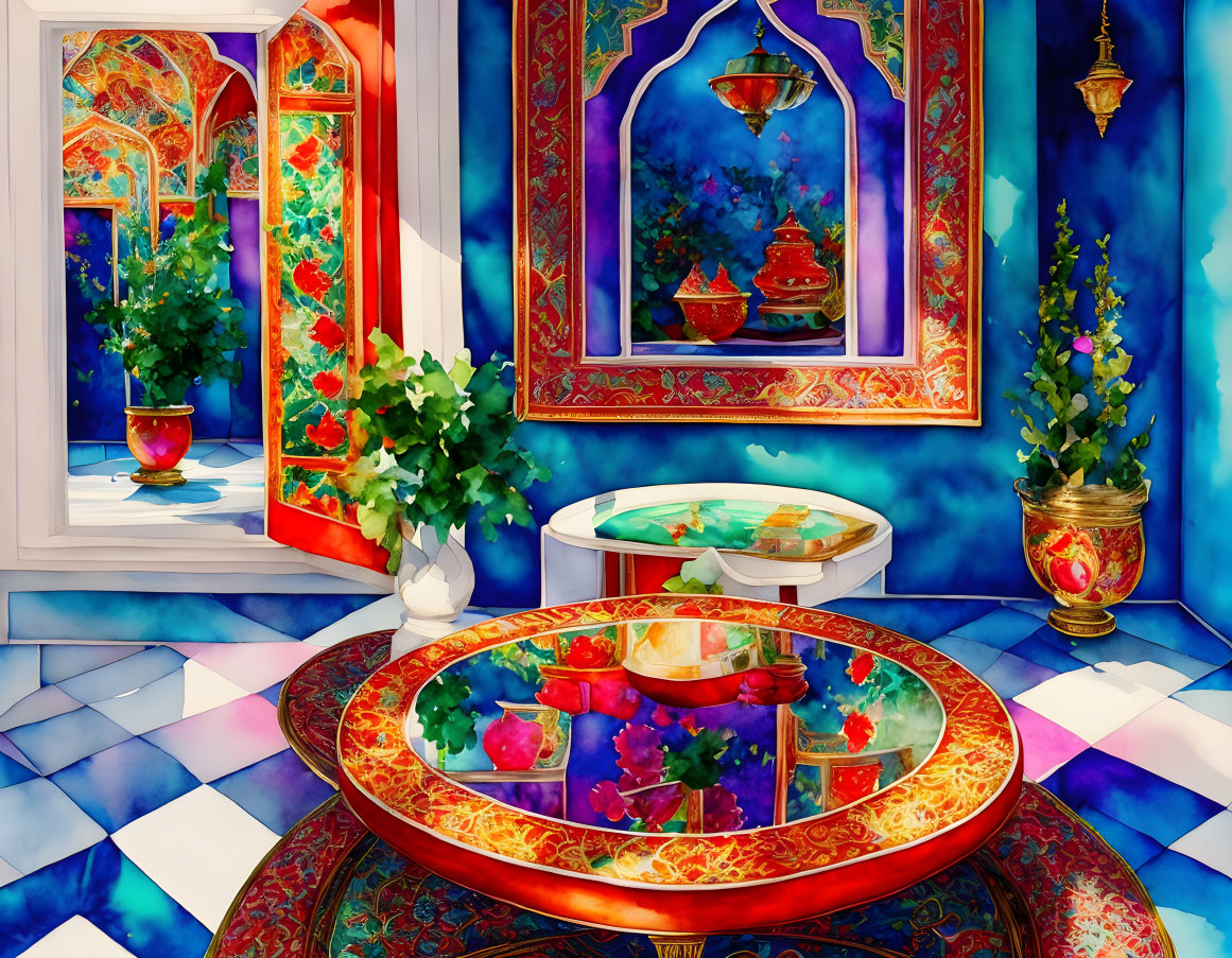 Colorful Room with Ornate Patterns, Round Table, Vases & Greenery