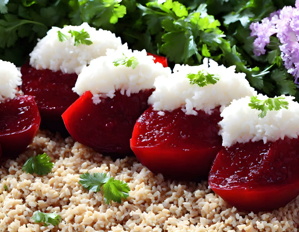 Sliced Beets with Grated Horseradish on Crushed Wheat Bed