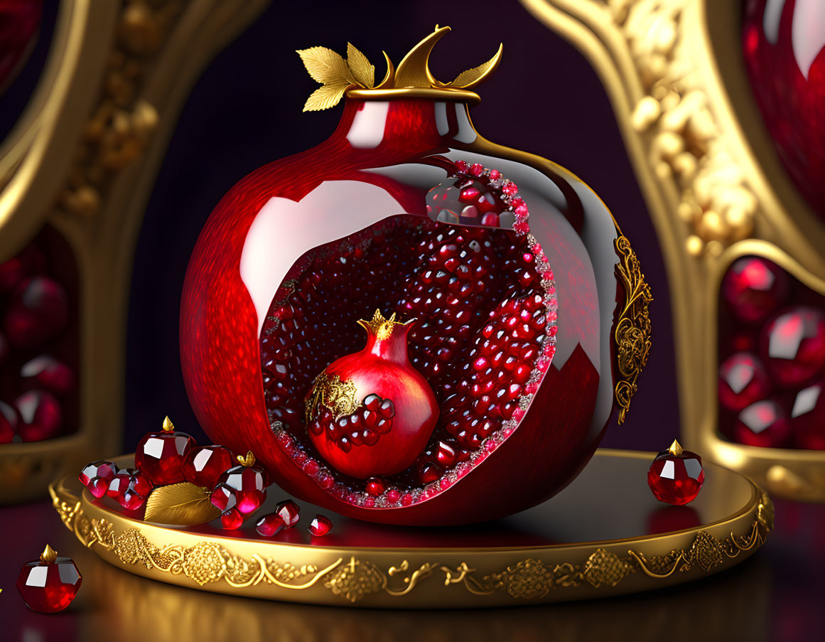 Ornate glass pomegranate with golden decor on reflective surface