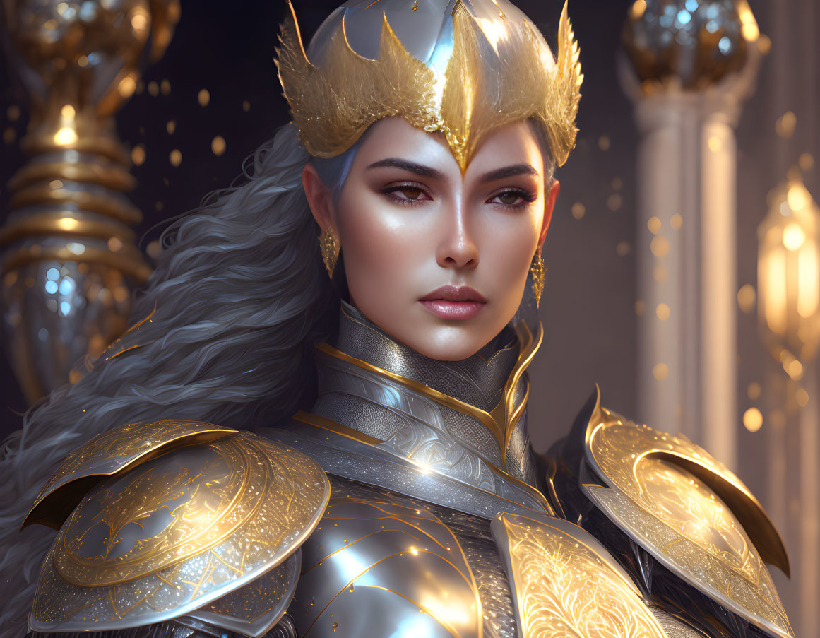 Regal woman in golden armor with intricate designs