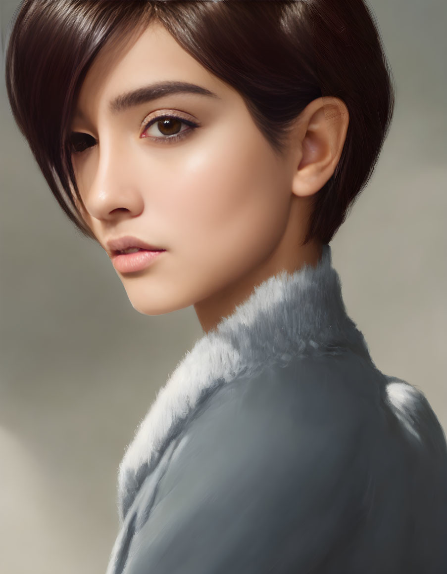 Portrait of person with short hairstyle and distinct cheekbones in fur collar against neutral background