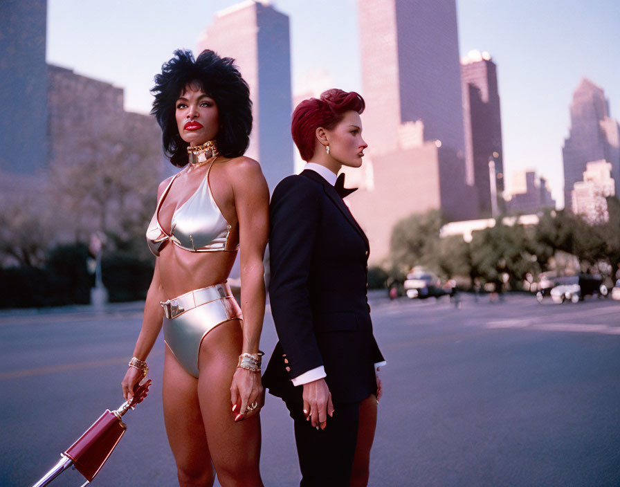 Two women posing outdoors in golden bikini and formal suit with cityscape background.