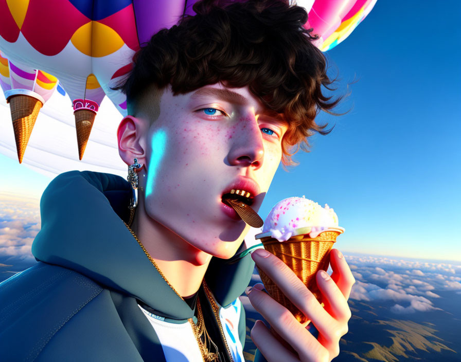 Digital artwork featuring person with curly hair holding ice cream cone, ice cream balloons, blue sky.