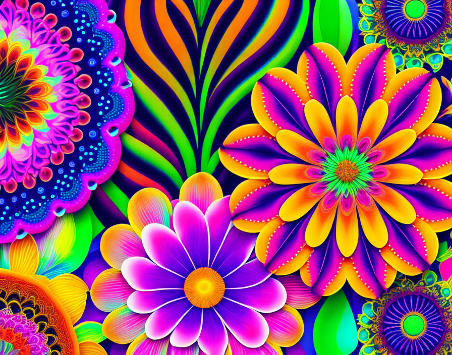 Colorful Psychedelic Floral Patterns on Dark Background
