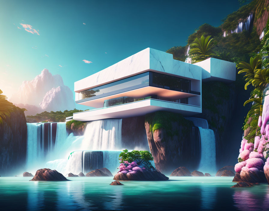 Contemporary cliffside house with waterfalls and lush scenery