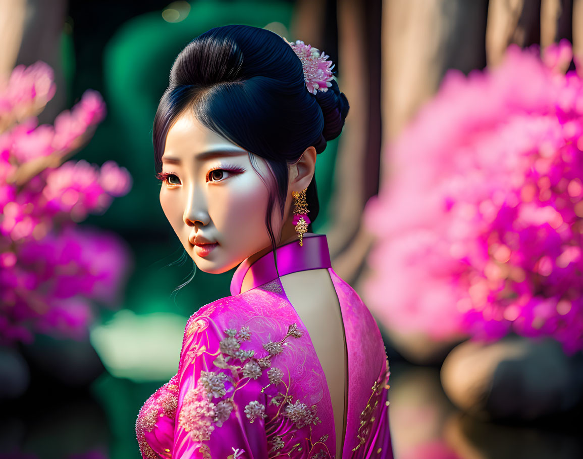 Traditional Pink Outfit Woman with Floral Embroidery and Updo Hairstyle in Pink Blossom Setting