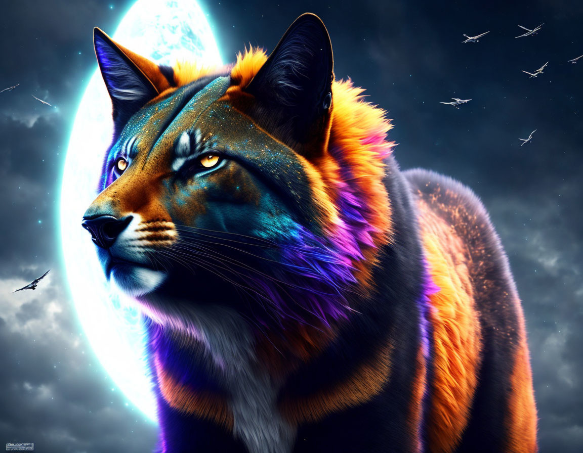 Digital art: Majestic tiger with neon glow in night sky scene