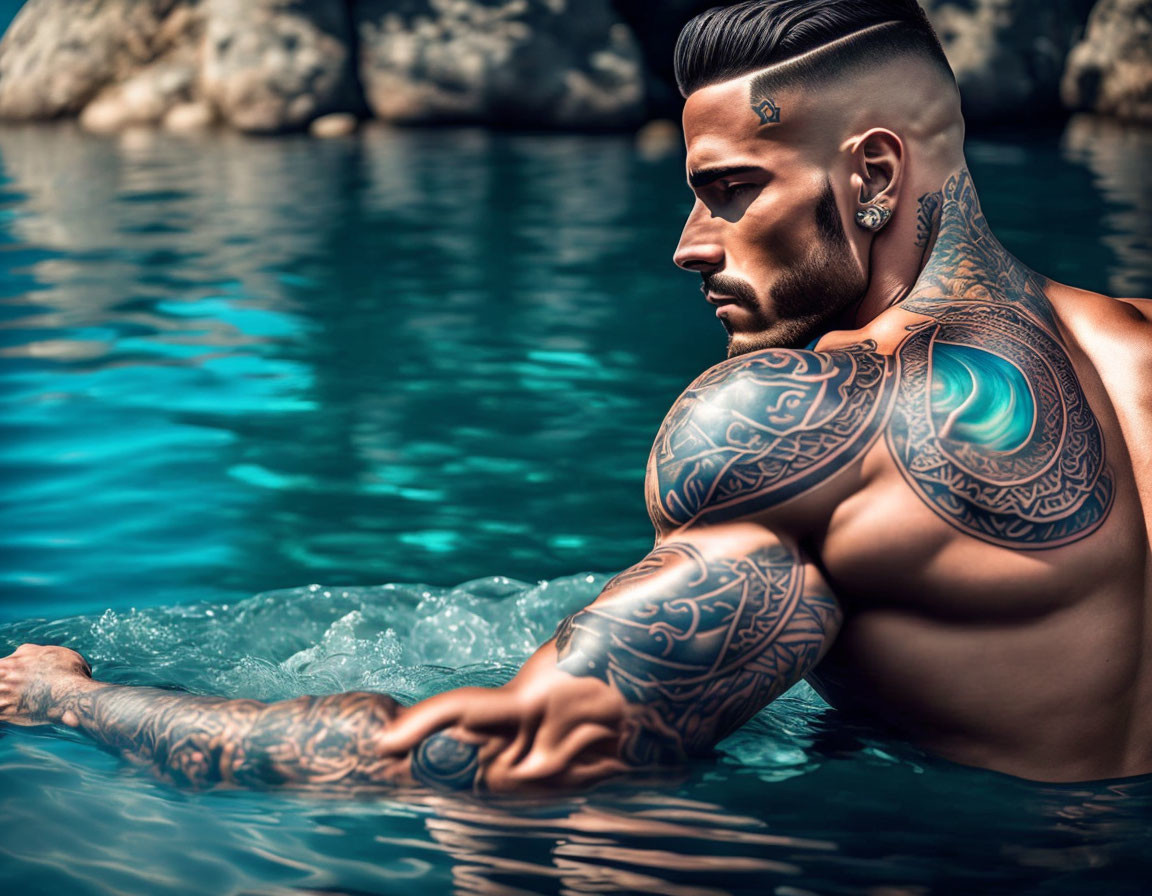 Bearded man with tattoos relaxing in clear blue water