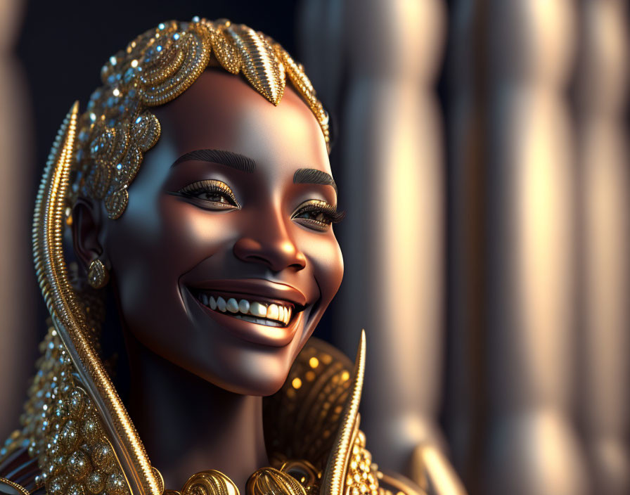 Smiling woman in 3D rendering with golden jewelry and warm light