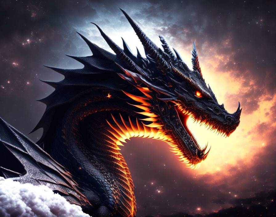 Black dragon with orange eyes and sky backdrop.