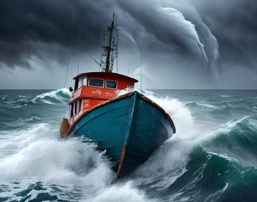 Red cabin fishing boat navigating stormy sea waves.