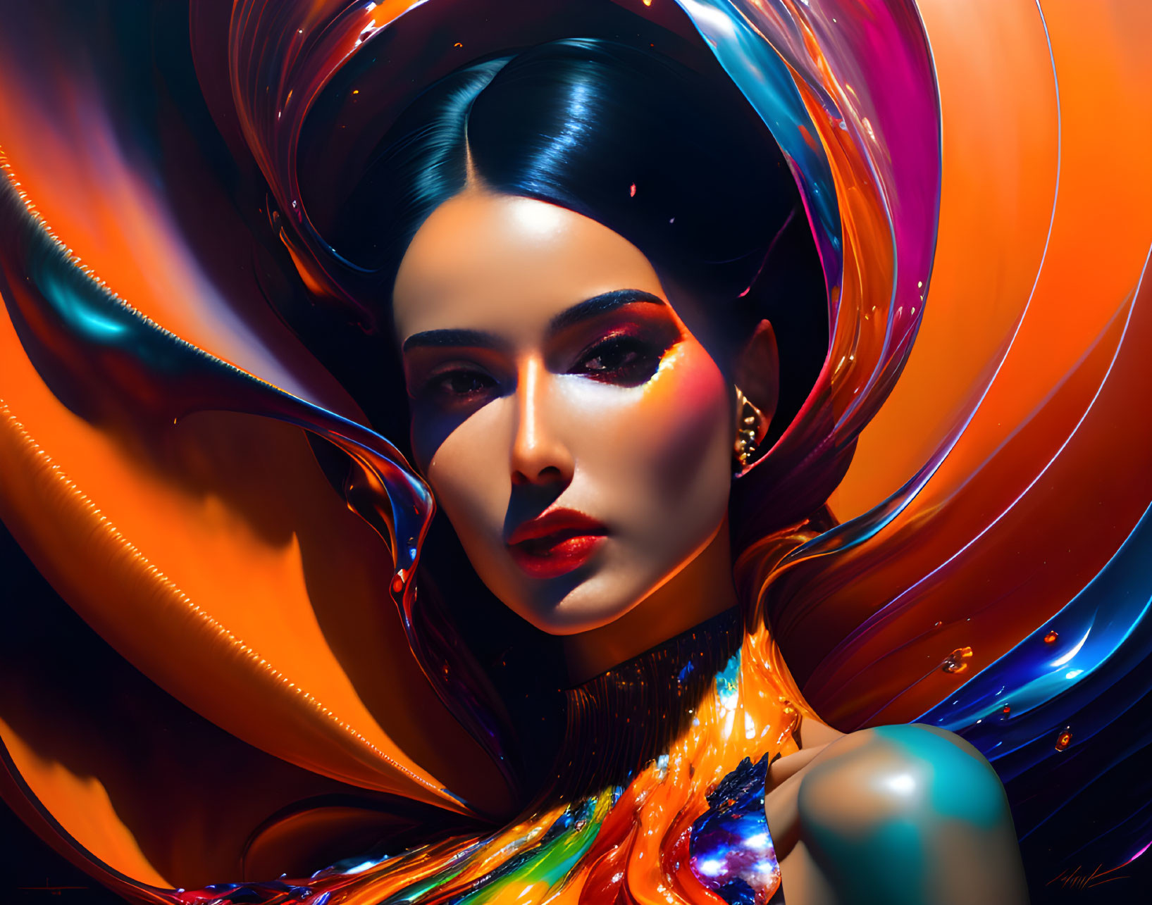 Vibrant abstract art featuring woman with sleek hair and makeup