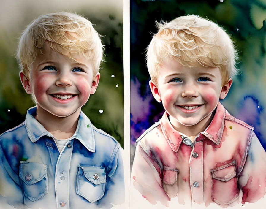 Watercolor painting of smiling boy with blond hair in blue and red shirts on splattered background