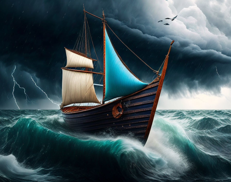 Wooden sailing ship with white and blue sails navigating stormy ocean waves under dark sky.