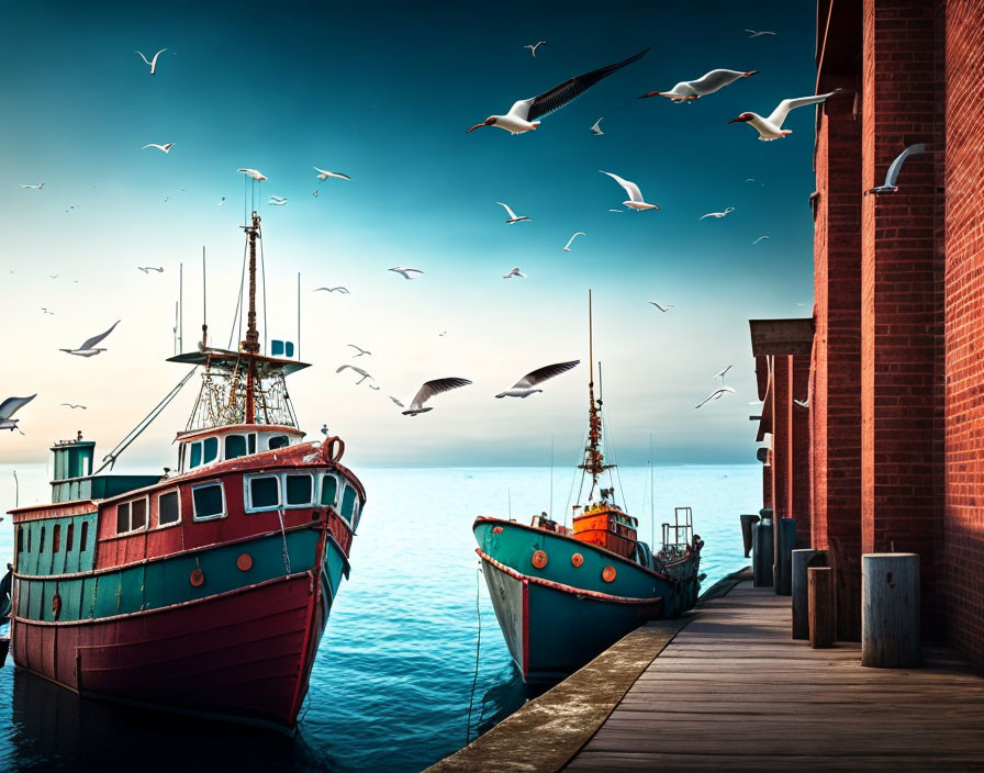 Colorful Fishing Boats Docked at Pier with Seagulls Flying in Serene Blue Sky