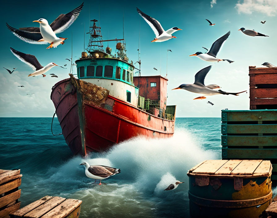 Rusty red and white shipwreck in sea with seagulls and wooden crates under cloudy sky