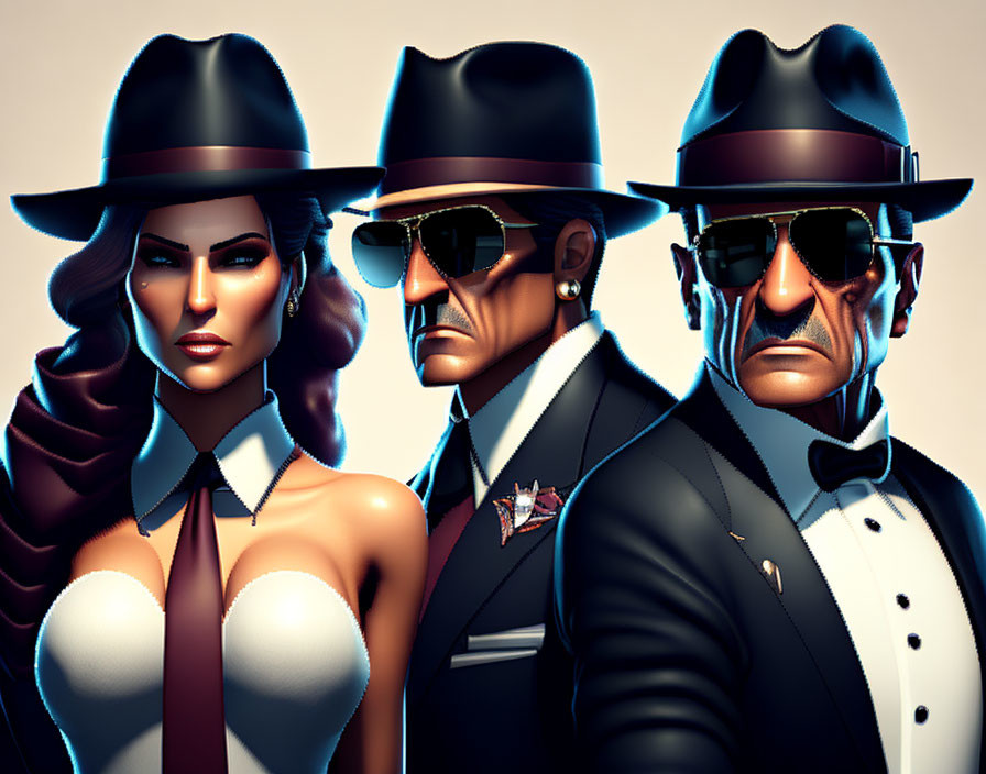 Stylized characters in formal attire and hats with a cool, mysterious vibe