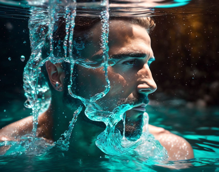 Man Submerged in Water with Head Above Surface Creating Ripples